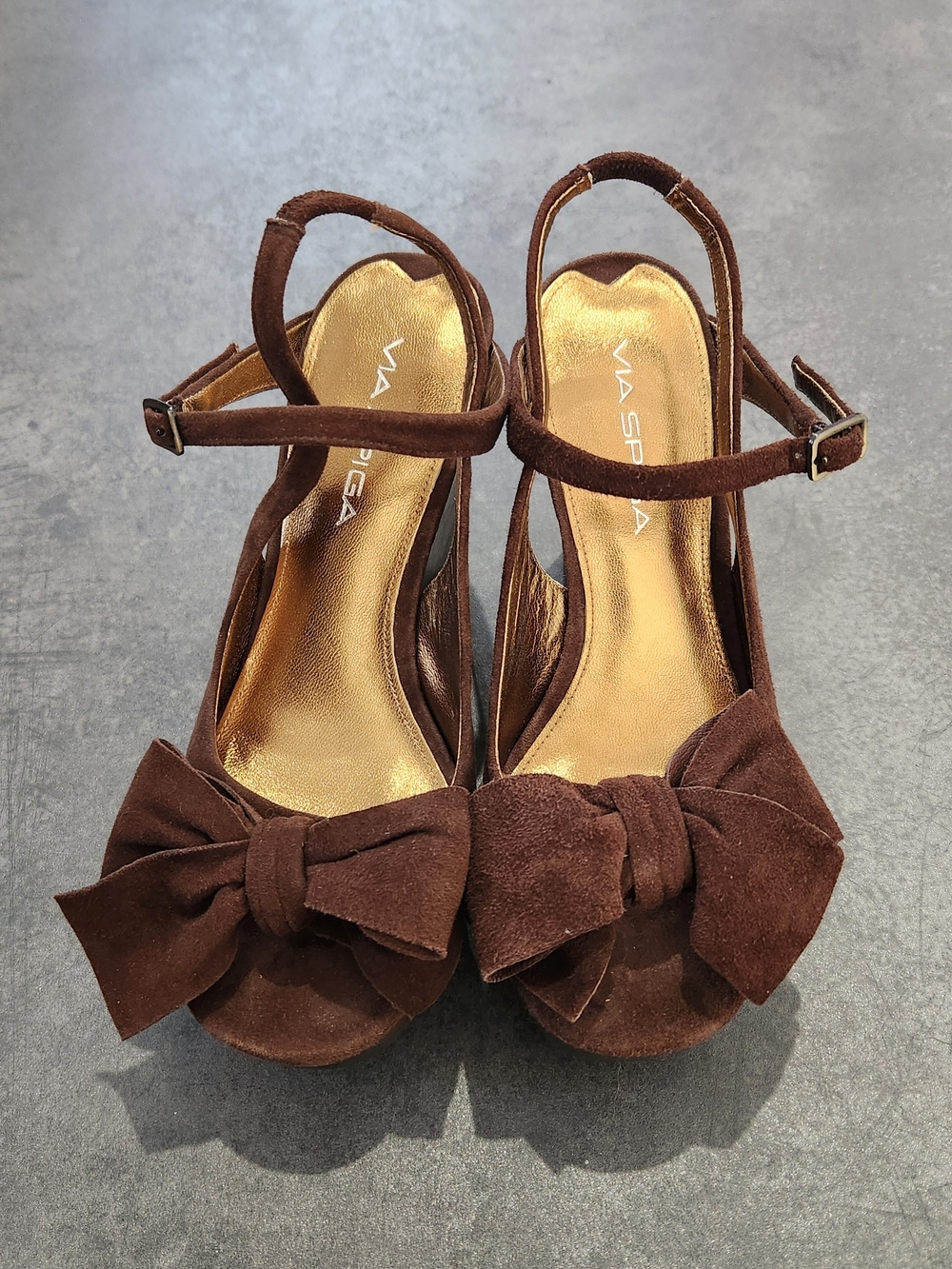 Via Spiga brown/chocolate suede bow platform wedge sandals